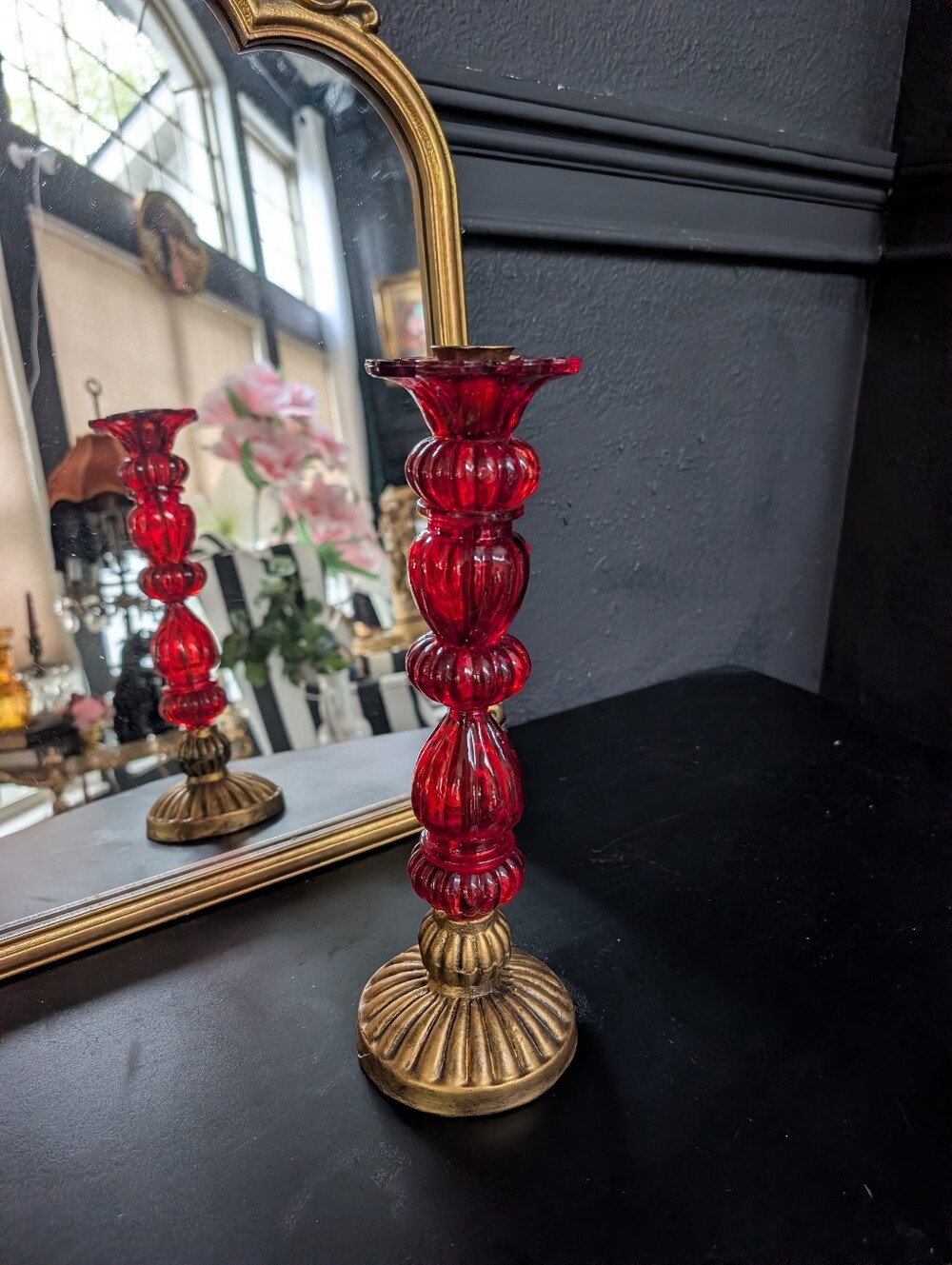 Vintage, Gold, Ruby Glass Blown floral, cast metal candle holder, 11.5"